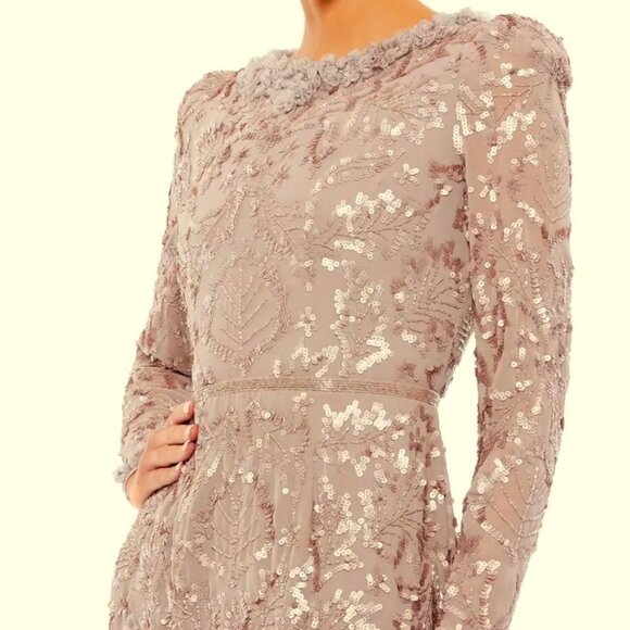 Mac Duggal Mauve Floral Ruffle Neck Long Sleeve Sequin Midi Dress - Picture 5 of 5